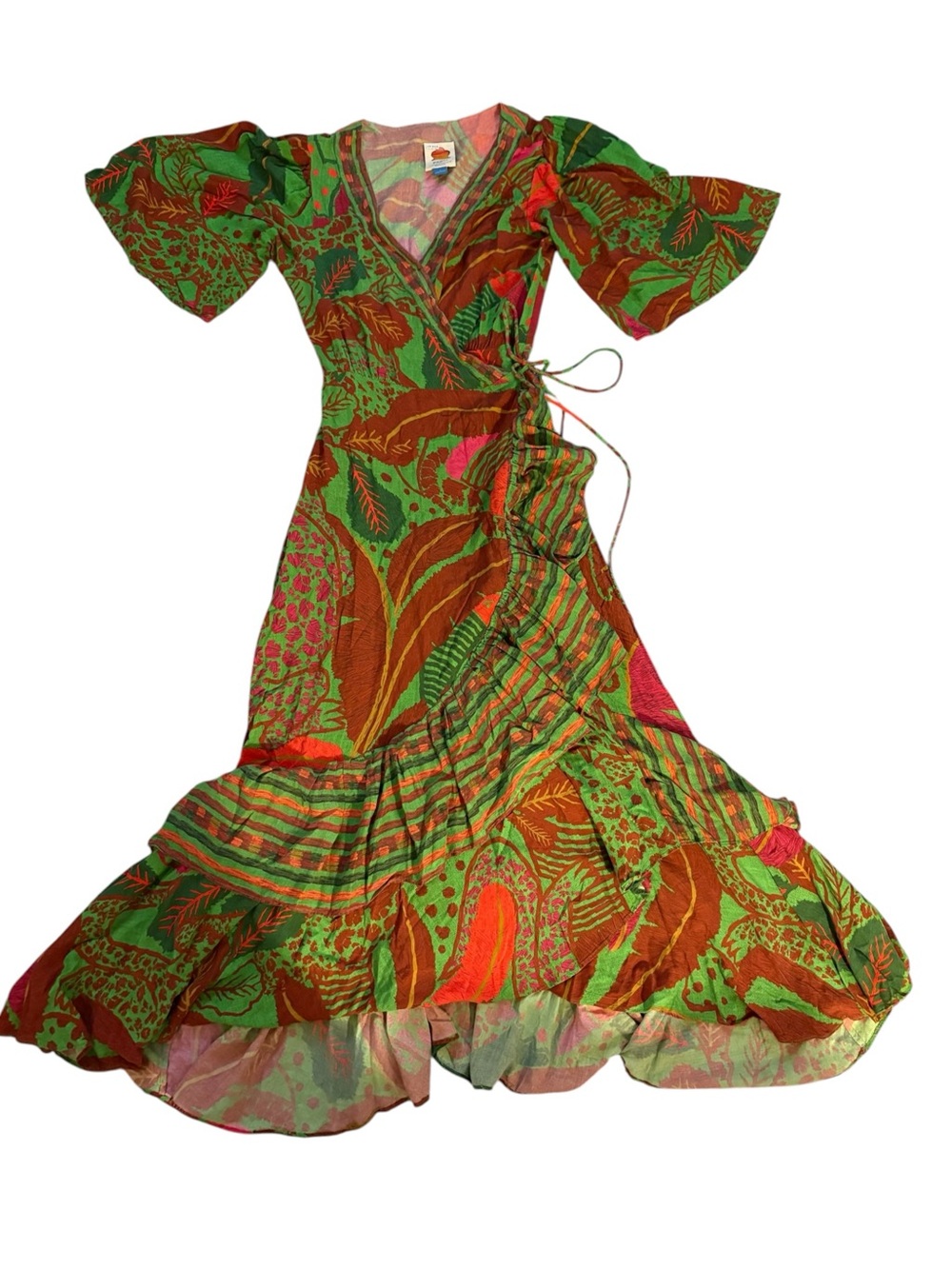 FARM Rio Green, Orange & Pink Floral Wrap Maxi Dress